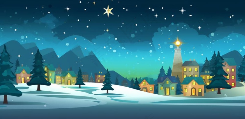 冬季雪天圣诞小镇装饰夜晚节日氛围卡通插画背景(1568x768)
