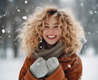 下雪天雪地里赏雪的女孩开环大笑摄影图