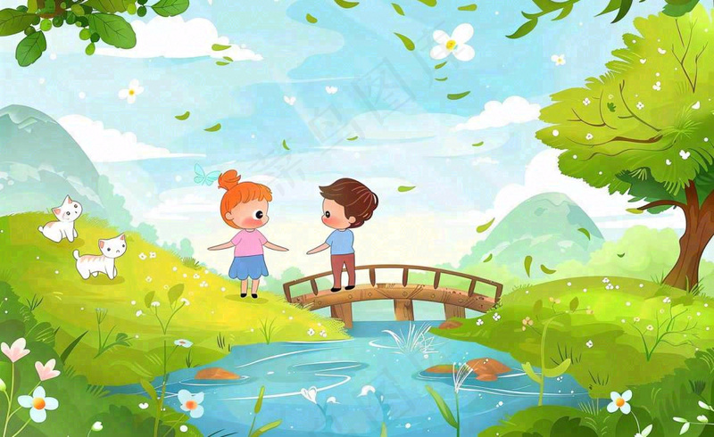 春天出游踏青森林公园小溪小桥樱花小孩宠物立春春分惊蛰绿色卡通插画背景(1408x864)