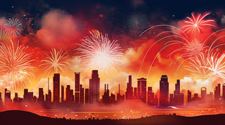 新年春节城市烟花庆祝新一年热闹喜庆卡通红色插画背景