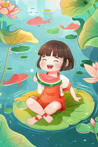 夏天荷花莲花池塘女孩吃西瓜坐着荷叶上唯美清凉立夏夏至卡通插画背景
