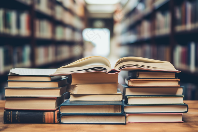 图书馆书桌上摆放的书本摄影图