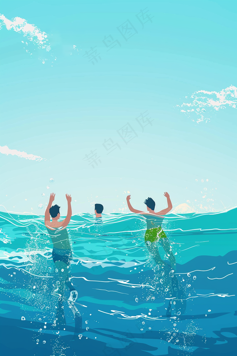 海边水里玩耍的人卡通插画背景(2688x4032)