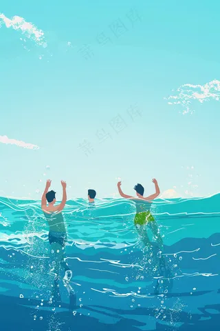 海边水里玩耍的人卡通插画背景