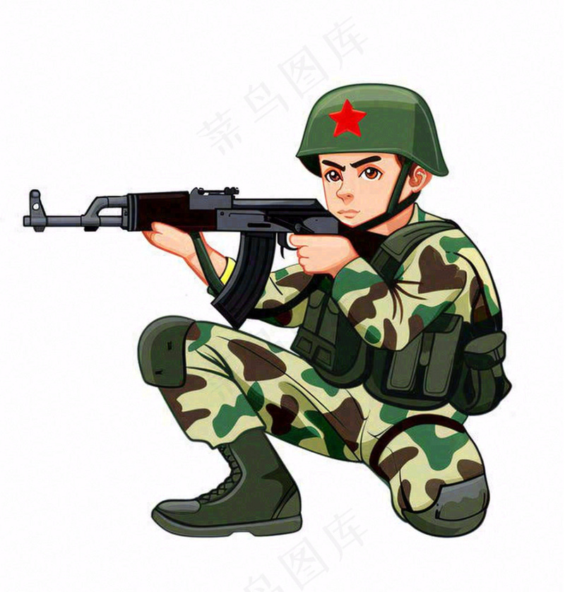 士兵军人拿着枪训练人物卡通插画免抠(1024x1072)