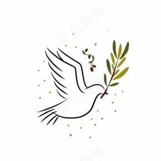 飞鸽叼树枝和平鸽线条卡通插画免抠