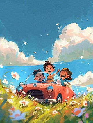 春夏开车环游踏青草丛花丛蓝天白云惊蛰立夏春分小暑卡通插画背景