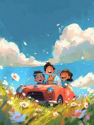 春夏开车环游踏青草丛花丛蓝天白云惊蛰立夏春分小暑卡通插画背景