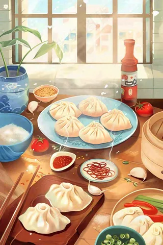中国传统美食饺子蘸料冬天节日冬至插画背景