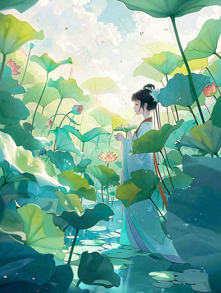 夏天插画风格古装少女在荷花池采莲花唯美夏日清凉小暑立夏夏至大暑插画背景(928x1232)