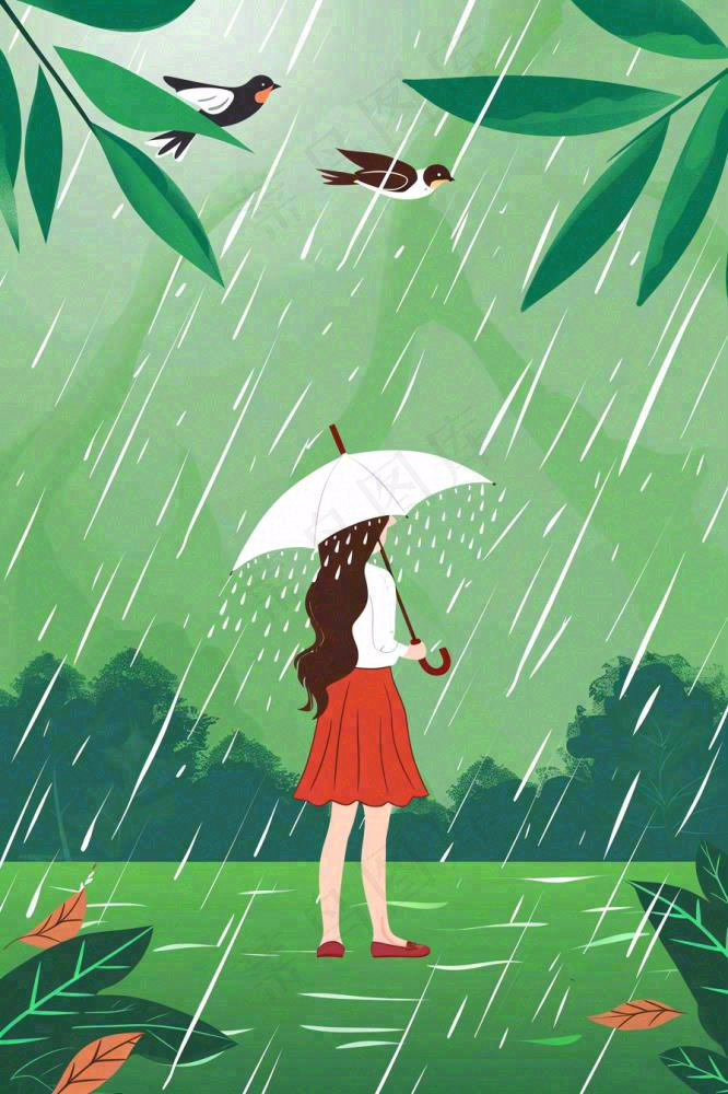 春天梅雨季红色女孩打雨伞户外绿色植物雨水谷雨卡通插画背景(896x1344)