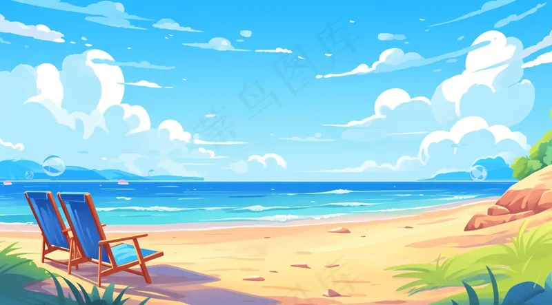 夏日海滩沙滩椅海浪卡通插画背景(4416x2448)
