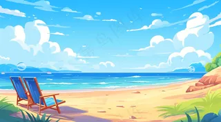 夏日海滩沙滩椅海浪卡通插画背景