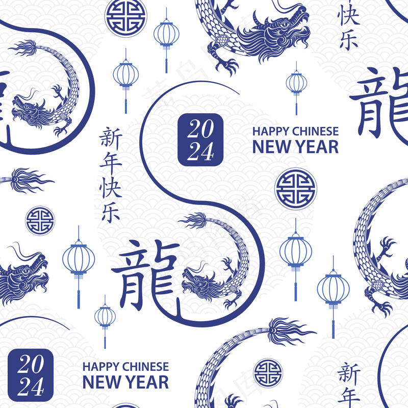 蓝色青花龙年素材春节节日素材图eps,ai矢量模版下载
