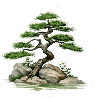 松树石壁上的迎客松古风水墨画插画免抠