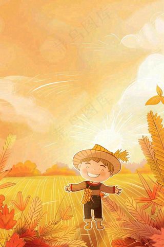秋天金黄的农田小麦稻谷稻草人落日秋收立秋处暑秋分卡通插画背景
