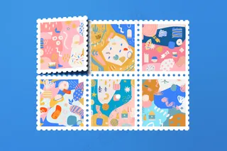 蓝色背景邮票样机13