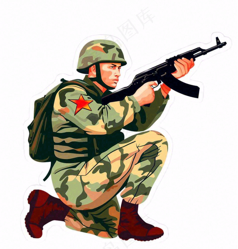 士兵军人拿着枪训练人物卡通插画免抠(1024x1072)