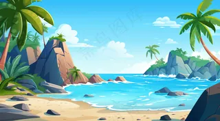 夏日海滩椰子树海浪卡通插画背景