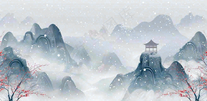 大寒冬天中国风水墨插画小寒冬季唯美雪景梅花插画背景(1568x768)