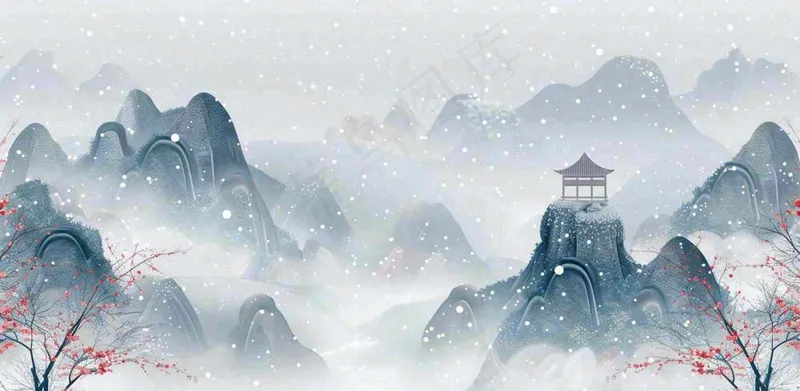 大寒冬天中国风水墨插画小寒冬季唯美雪景梅花插画背景(1568x768)