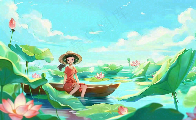 夏日荷叶荷塘女孩坐着船上大暑小暑夏天风景立夏卡通插画背景(1408x864)