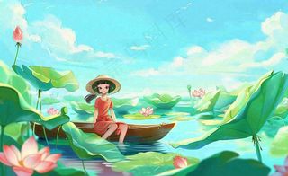 夏日荷叶荷塘女孩坐着船上大暑小暑夏天风景立夏卡通插画背景