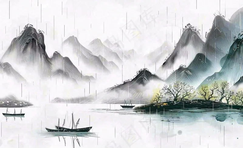 中国风水墨画江南水乡山水画天青色烟雨天清明端午雨水背景(1408x864)