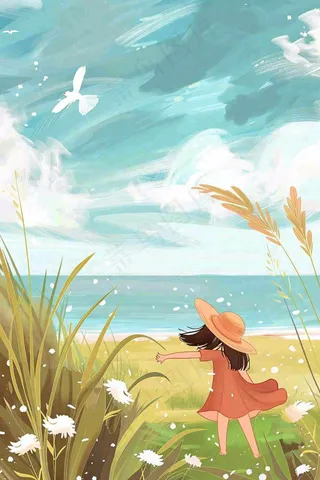 秋天湖边女孩随风舞动芦苇荡白鸽白鹭白露寒露插画背景