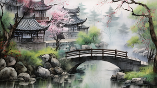 江南小镇小桥流水国画水墨画素材背景