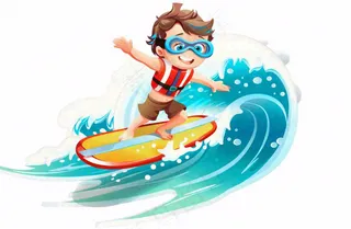 冲浪的少年男孩浪花运动卡通人物插画免抠