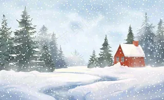 冬天雪景河流森林小屋白雪皑皑小雪大雪冬至立冬水彩画卡通插画背景
