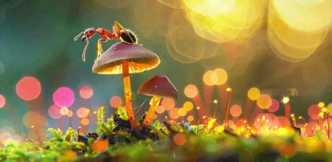 阳光下的蚂蚁蘑菇菌类阳光春天惊蛰春分摄影图