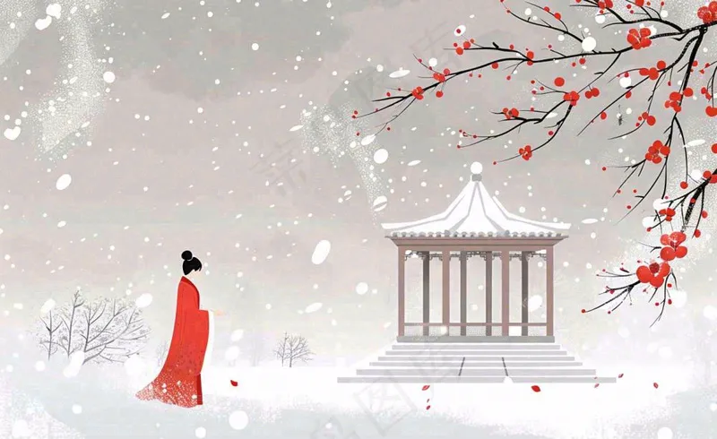 古风冬天雪景红衣女孩梅花雪地里的凉亭大雪小雪冬至中国风插画背景(1408x864)