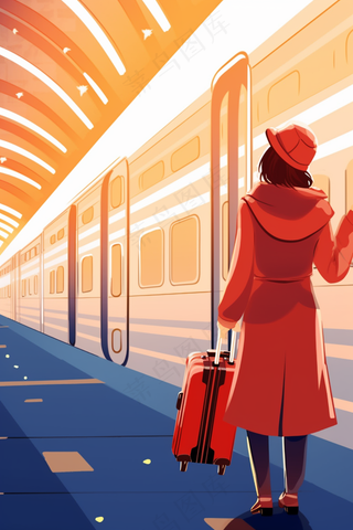 中国传统节日春节除夕春运赶火车回家团聚的人物插画海报背景