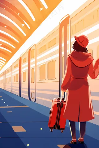 中国传统节日春节除夕春运赶火车回家团聚的人物插画海报背景