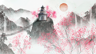 中国风山水彩色国画插画装饰画素材8