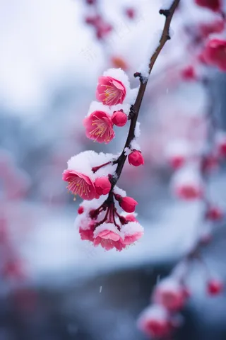 冬季梅花白雪覆盖红梅花摄影图