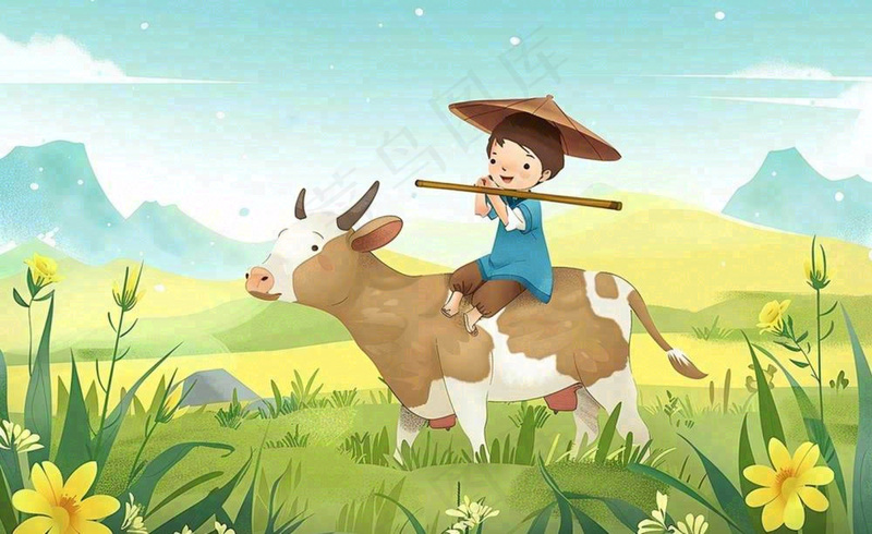 春天孩童放牛吹笛草地花丛出游清明时节卡通插画背景(1408x864)