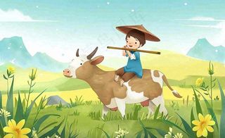 春天孩童放牛吹笛草地花丛出游清明时节卡通插画背景