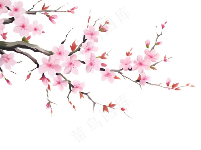 粉色樱花桃花枝条春天卡通插画免抠(1900x1418)