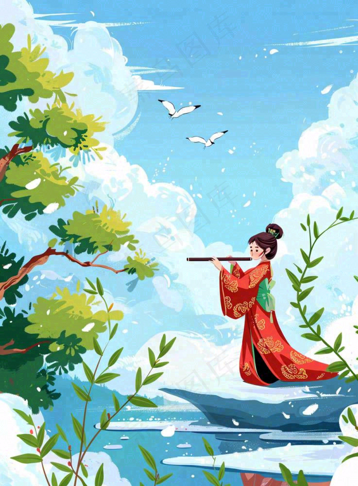 春夏古风女孩游湖吹笛小鸟绿叶大树惊蛰春分立夏清明卡通插画背景