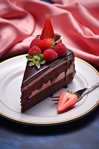 巧克力蛋糕水果草莓树莓切块美食甜点摄影图