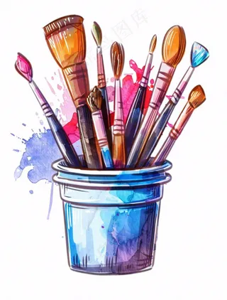 画笔颜料水桶彩色美术卡通插画免抠