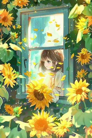 在向日葵花海窗台上沉思的少女插画背景