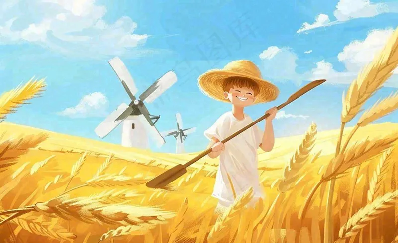 金秋秋天丰收麦田风车男孩人物小麦稻穗立秋秋分处暑芒种卡通插画背景(1408x864)
