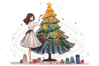 女孩装饰圣诞树可爱卡通插画免抠