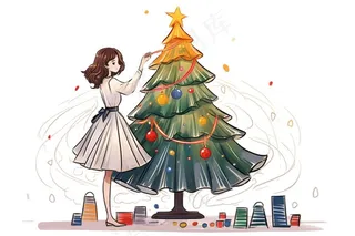 女孩装饰圣诞树可爱卡通插画免抠