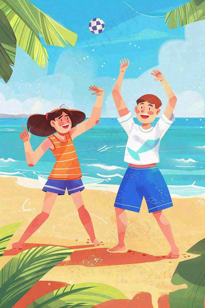夏至海边沙滩度假玩乐小暑大暑节气插画背景(896x1344)