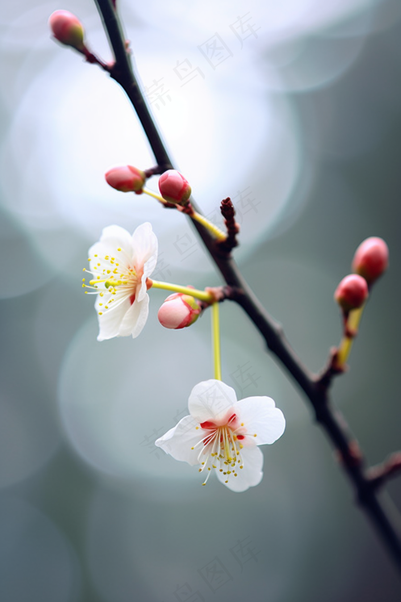 白梅花春天树枝抽新芽蓝天摄影图